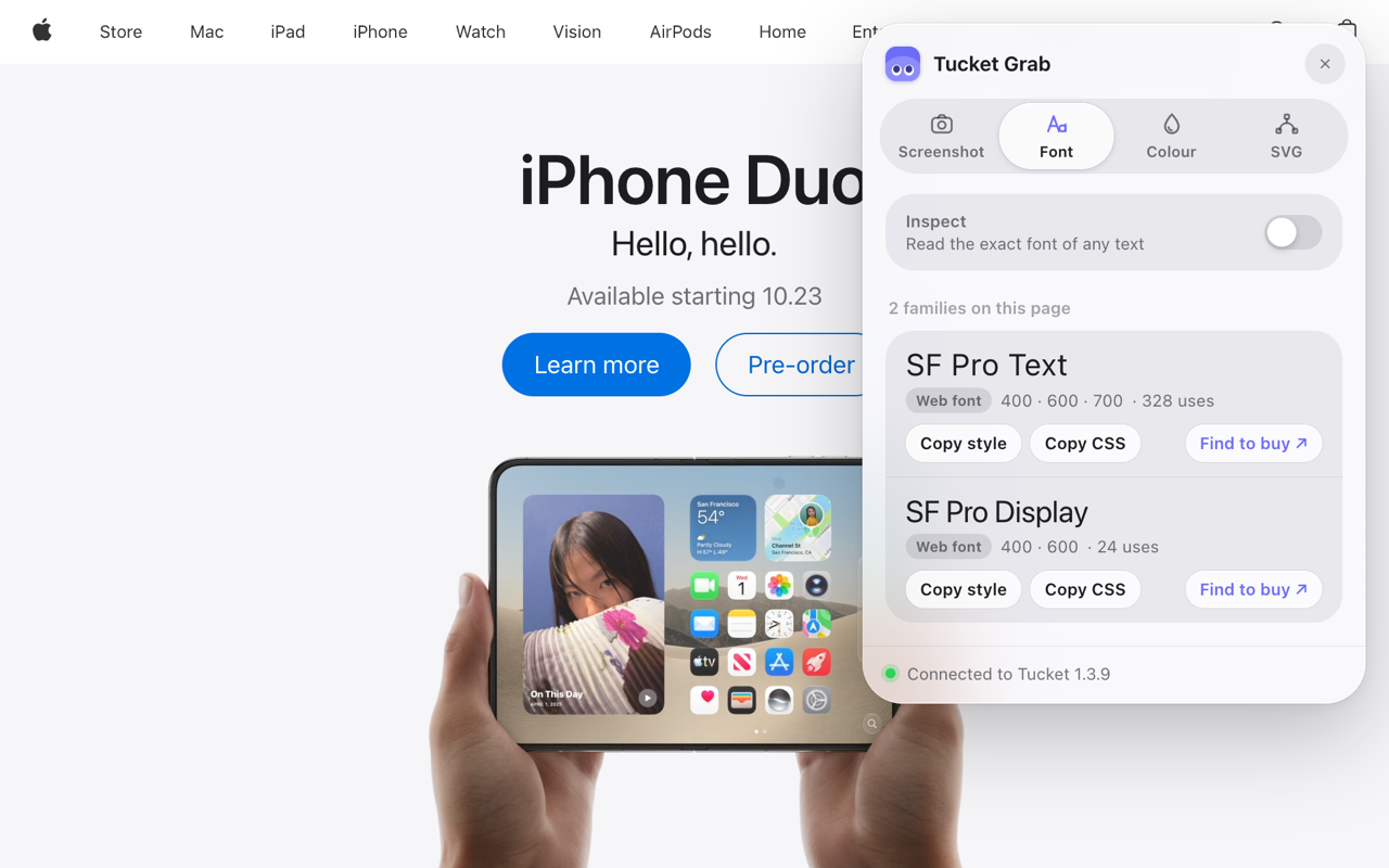 The Font tab listing the fonts apple.com uses, with their sources