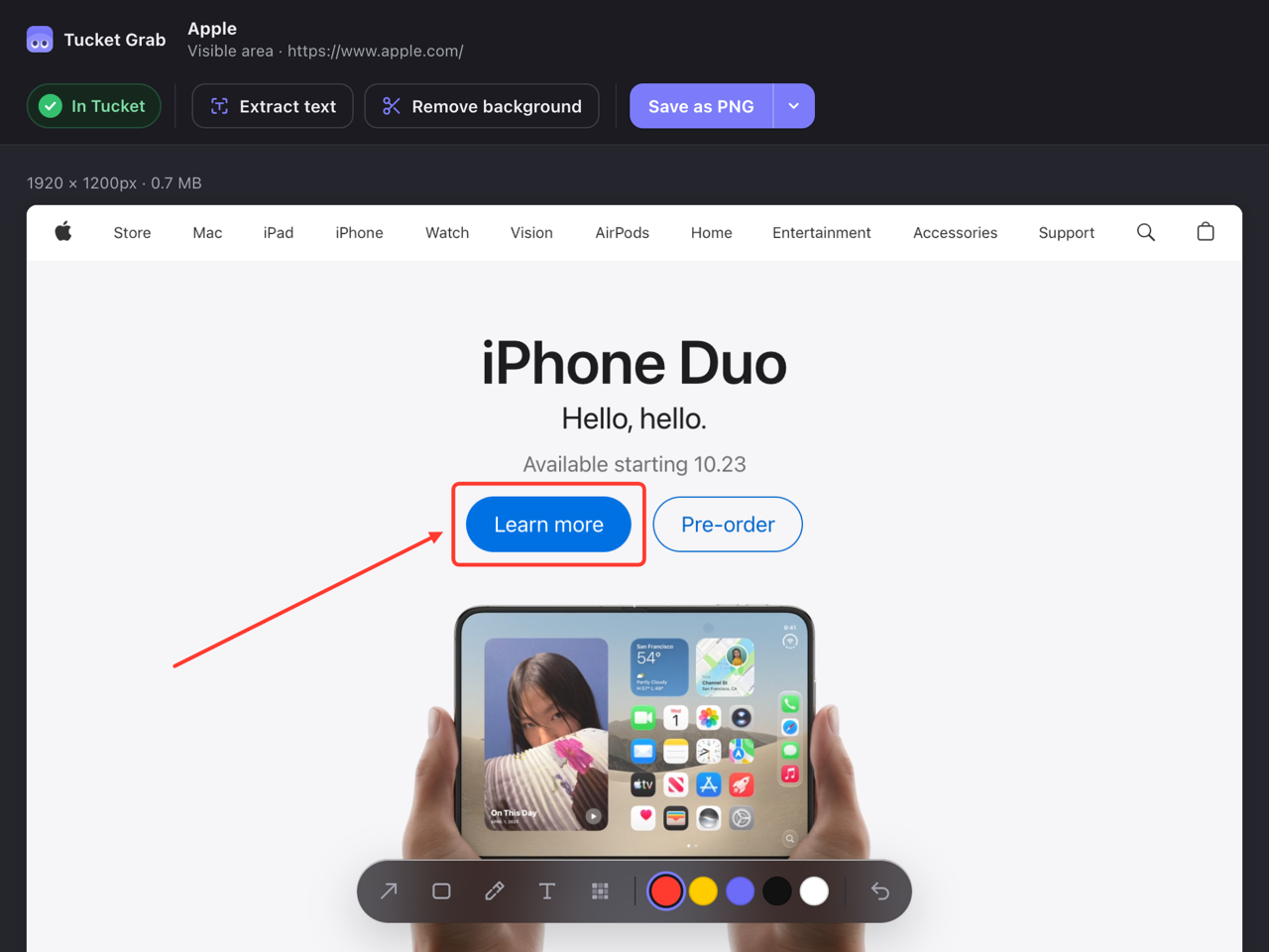 A capture of apple.com marked up, with an In Tucket badge above it