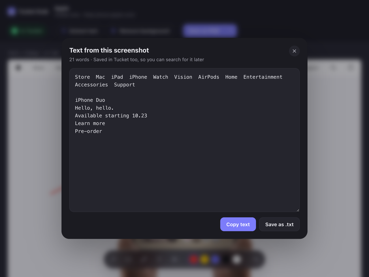 Text pulled out of a capture of apple.com, shown inside Grab
